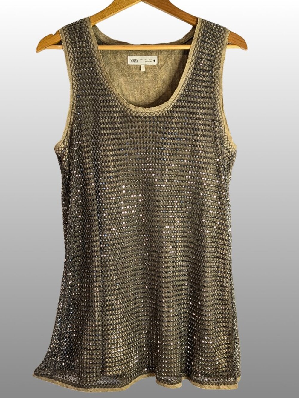 Zara Studded Mesh Khaki Mini Dress Sleeveless Shift L ZW Collection Modern Glam - Picture 3 of 15